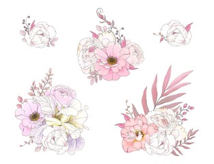Set of floral decorations in rustic style with Roses, Fleur de lis and leaves. Vector nature illustration. 