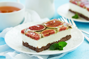 low calorie cheesecake with figs. selective focus.