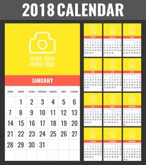 Wall Monthly Calendar for 2018 Year. Vector Design Print Template with Place for Photo. Vector illustration.