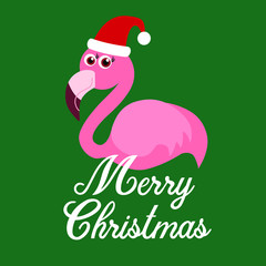 Cute pink flamingo, santa hat, vector illustration