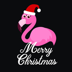 Cute pink flamingo, santa hat, vector illustration