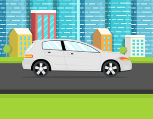 Cars side view. City downtown landscape on the background. Vector illustration.
