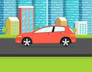 Fototapeta na wymiar Cars side view. City downtown landscape on the background. Vector illustration.