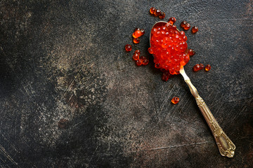 Natural organic red salmon caviar on a spoon.Top view with copy space.