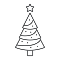 Christmas tree thin line icon, decor and new year, fir tree sign, vector graphics, a linear pattern on a white background.