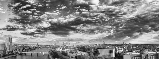 Frankfurt/Main Skyline Aerial Drone Shot At Sunset, view along the river