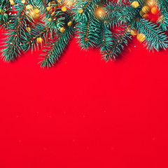 Fir branches on red background. Christmas wallpaper. Flat lay, copy space.