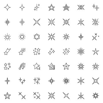 Stars shapes line icons set. linear style symbols collection, outline signs pack. vector graphics. Set includes icons as sparkle star, christmas decoration, magic, firework, starfall, starburst