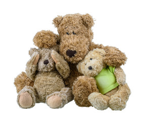 bear baby doll sitting on mother bear doll and hugging each other showing love and concern in the family