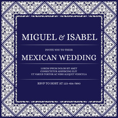 Traditional mexican wedding invite card template vector. Vintage floral tile pattern with white and navy blue. Arabic background for save the date design or invitation party. - 290678866