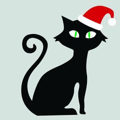 Black cat, Santa Clause hat, Merry Christmas, vector illustration