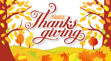 Autumn card Happy Thanksgiving Day typography. Autumn park on the background. 