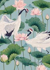 two japanese cranes and pink lotus - 290679837
