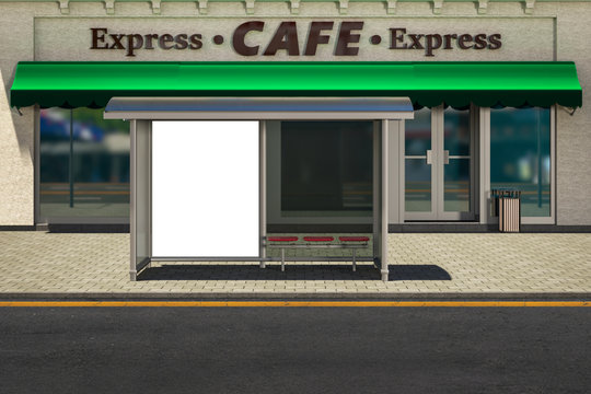 3D illustration of an empty Billboard at a bus stop on a city street.