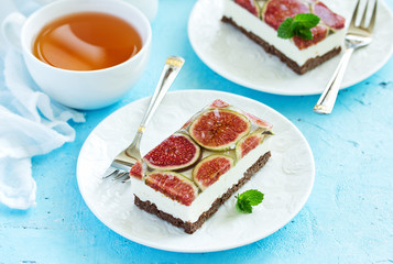 low calorie cheesecake with figs. selective focus.