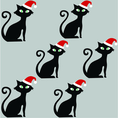 Black cat, Santa Clause hat, Merry Christmas, vector illustration