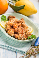 fried baked salmon with lemon and thymus