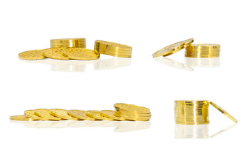 Gold coins isolated on white, 4 pile of Coins, investment concept, stack of gold, white background, pure gold, Saving, Coin stack growing business. Investment money concept, 