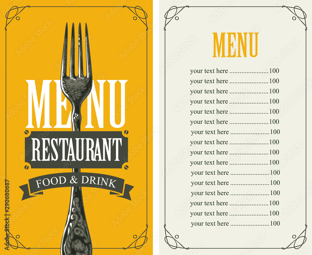 Poster vector template menu for restaurant with price list and realistic fork in figured frame with curls o