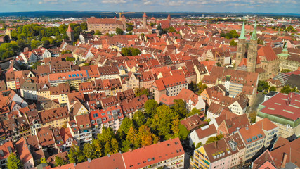 Nuremberg, Germany. Drone aerial view from a vantage viewpoint along city river