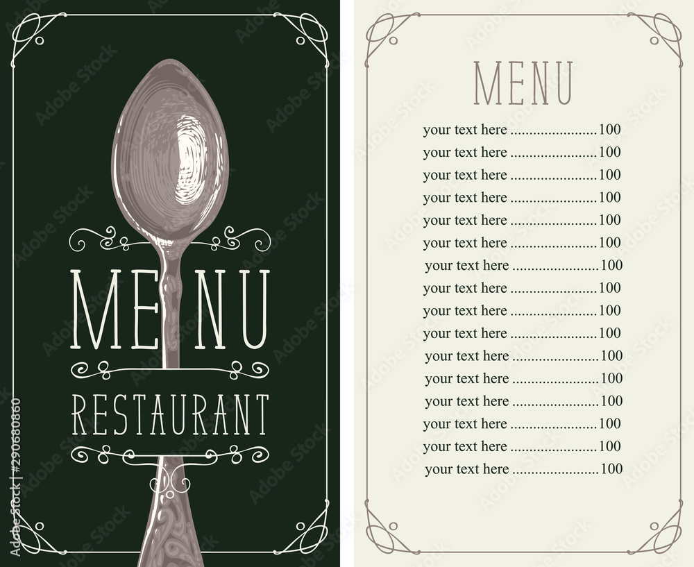 Poster vector template menu for restaurant with price list and realistic spoon in figured frame with curls 