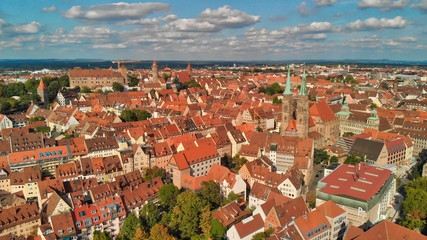 Nuremberg, Germany. Drone aerial view from a vantage viewpoint along city river