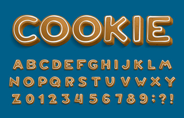 Holiday Ginger Cookie alphabet font. 3D Cartoon letters and numbers with icing sugar covering. Xmas vector illustration for your design. - obrazy, fototapety, plakaty