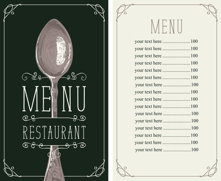 Vector template menu for restaurant with price list and realistic spoon in figured frame with curls in retro style