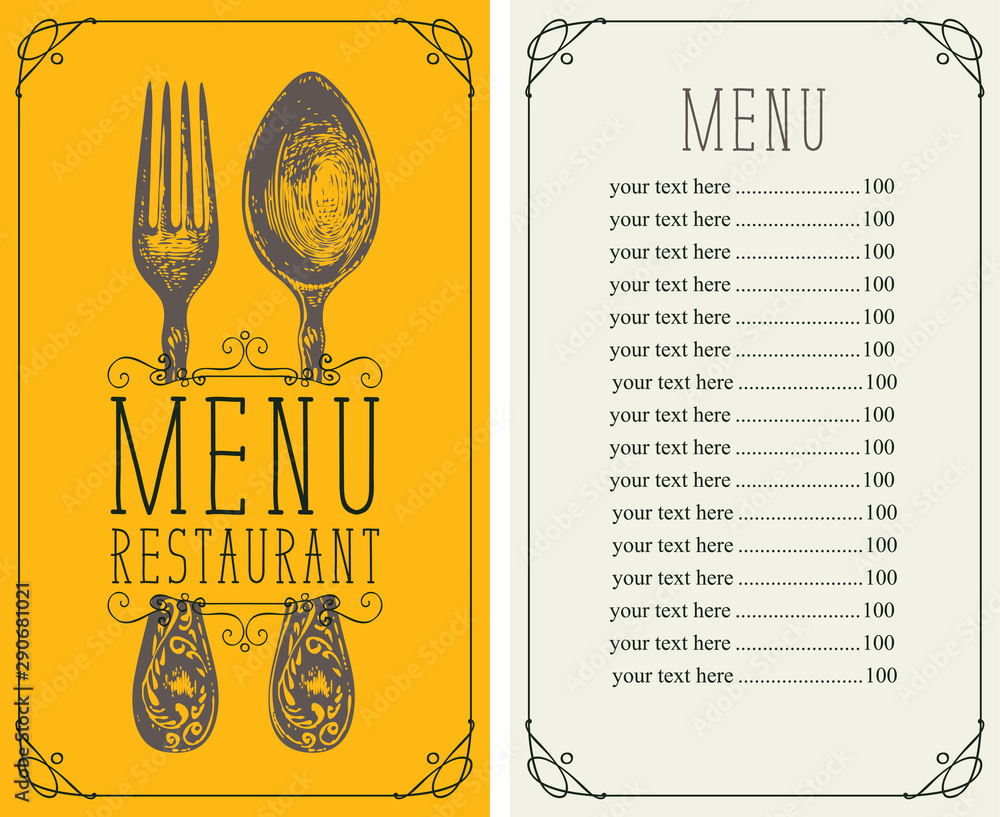 Poster vector template menu for restaurant with price list, realistic fork and spoon in figured frame with 