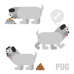 Cartoon set of pug dog. Male dog character. Vector illustration.
