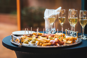 Catering service food and champagne glasses