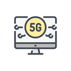 Computer with 5G network color line icon. 5G network vector outline colorful sign.