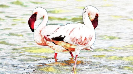 Close up of two Flamingos early in the morning