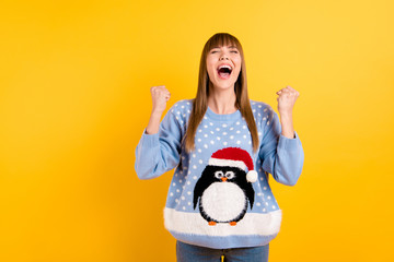 I adore love newyear concept. Photo of pretty rejoicing girl wearing oversize knitted with comic...