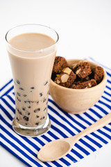 Taiwan milk tea with bubbles, ฺHomemade Milk Bubble Tea  whit dessert and table decoration, Popular Asian drink