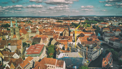 Nuremberg, Germany. Drone aerial view from a vantage viewpoint along city river