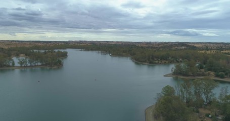 Aerial view of Mina de São Domingos, Tapada Grande River Beach lagoon, famous tourist destination, Alentejo, Portugal.