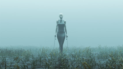 Futuristic Demon Assassin in a Tight Dress  with a Weighted Chains and Gold Eyes Foggy Watery Void with Reeds and Grass background 3d Illustration 3d render