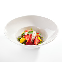 Ripe Tomato Salad with Strawberries, Crab Meat and Strachatella Cheese