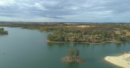 Aerial view of Mina de São Domingos, Tapada Grande River Beach lagoon, famous tourist destination, Alentejo, Portugal.