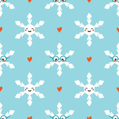 Obraz premium Cute cartoon snowflakes character and hearts seamless pattern background for christmas and winter design.