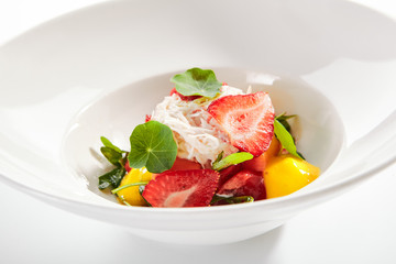 Ripe Tomato Salad with Strawberries, Crab Meat and Strachatella Cheese