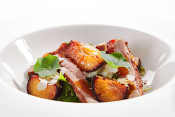 Salad with Roasted Duck Breast, Baked Pear and Strachatella