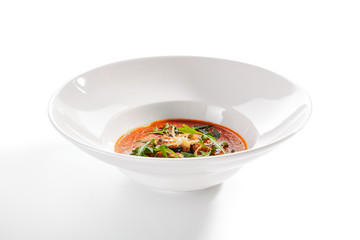 Spicy Tomato Soup with Fried Mussels and Chili Pepper