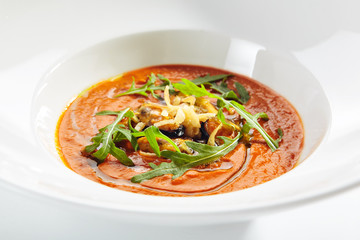 Spicy Tomato Soup with Fried Mussels and Chili Pepper