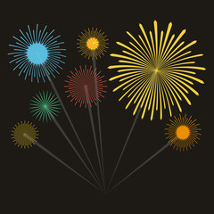 Fireworks exploding in the night sky. Vector illustration.