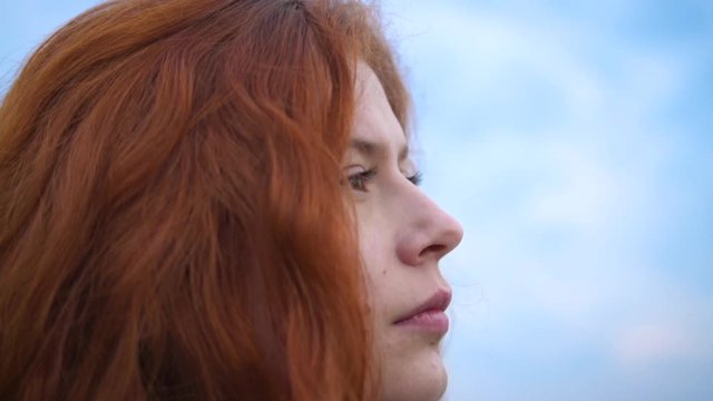 Redhead Young Woman Looking Up To Sunset Sky With Hope Pray Prayer