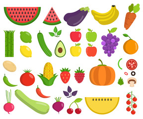 Set of fruits and vegetables. Flat vector illustration.