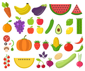 Set of fruits and vegetables. Flat vector illustration.
