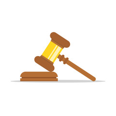 Gavel judge isolated on a colored background. Wooden gavel law concept. Flat cartoon style. Vector illustration.